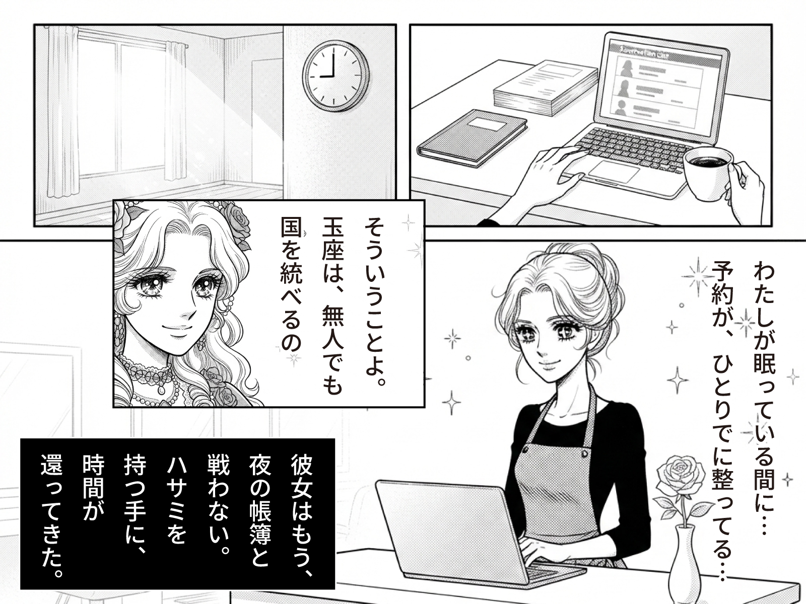 朝、受付カウンターのパソコンで整った予約リストを見つめる薫「わたしが眠っている間に…予約が、ひとりでに整ってる…」蘭「そういうことよ。玉座は、無人でも国を統べるの」彼女はもう、夜の帳簿と戦わない。ハサミを持つ手に、時間が還ってきた。