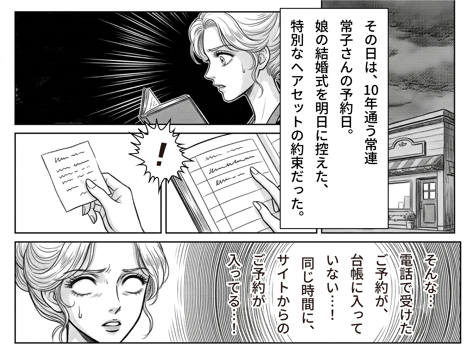 その日は、10年通う常連・貴子さんの予約日。娘の結婚式を明日に控えた、特別なヘアセットの約束だった。台帳を確認して凍りつく薫「そんな…電話で受けたご予約が、台帳に写っていない…！同じ時間に、サイトからのご予約が入ってる…！」