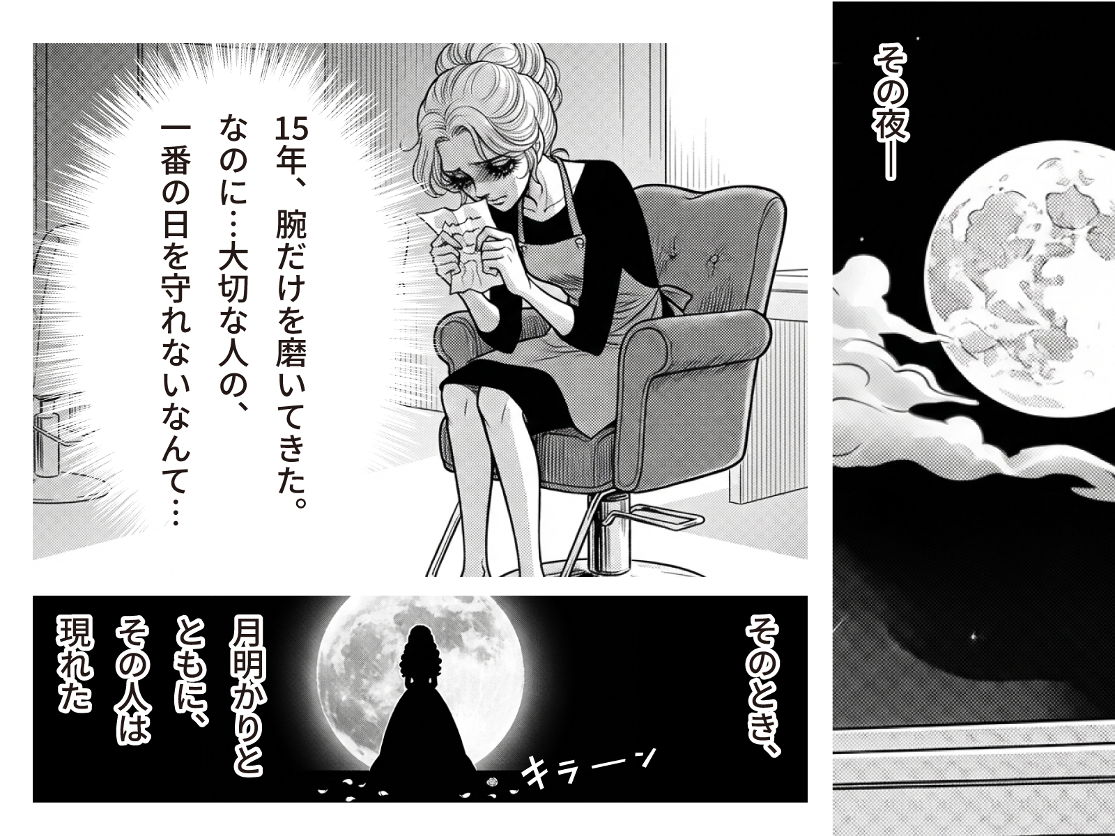 その夜。閉店後の店で、予約メモを握りしめてうなだれる薫「15年、腕だけを磨いてきた。なのに…大切な人の、一番の日を守れないなんて…」そのとき、月明かりとともに、その人は現れた