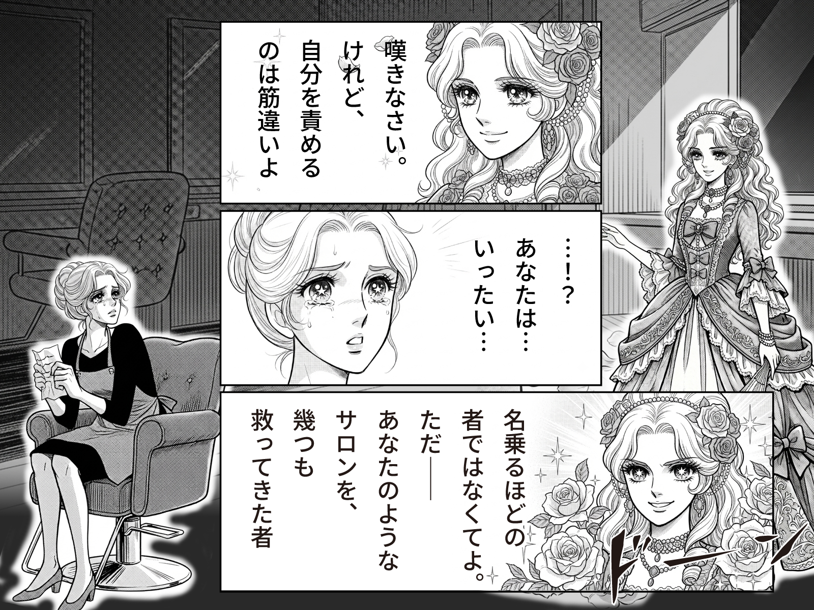 月光と薔薇とともに現れた蘭「嘆きなさい。けれど、自分を責めるのは筋違いでてよ」薫「…！？あなたは…いったい…」蘭「名乗るほどの者ではなくてよ。ただ――あなたのようなサロンを、幾つも救ってきた者」