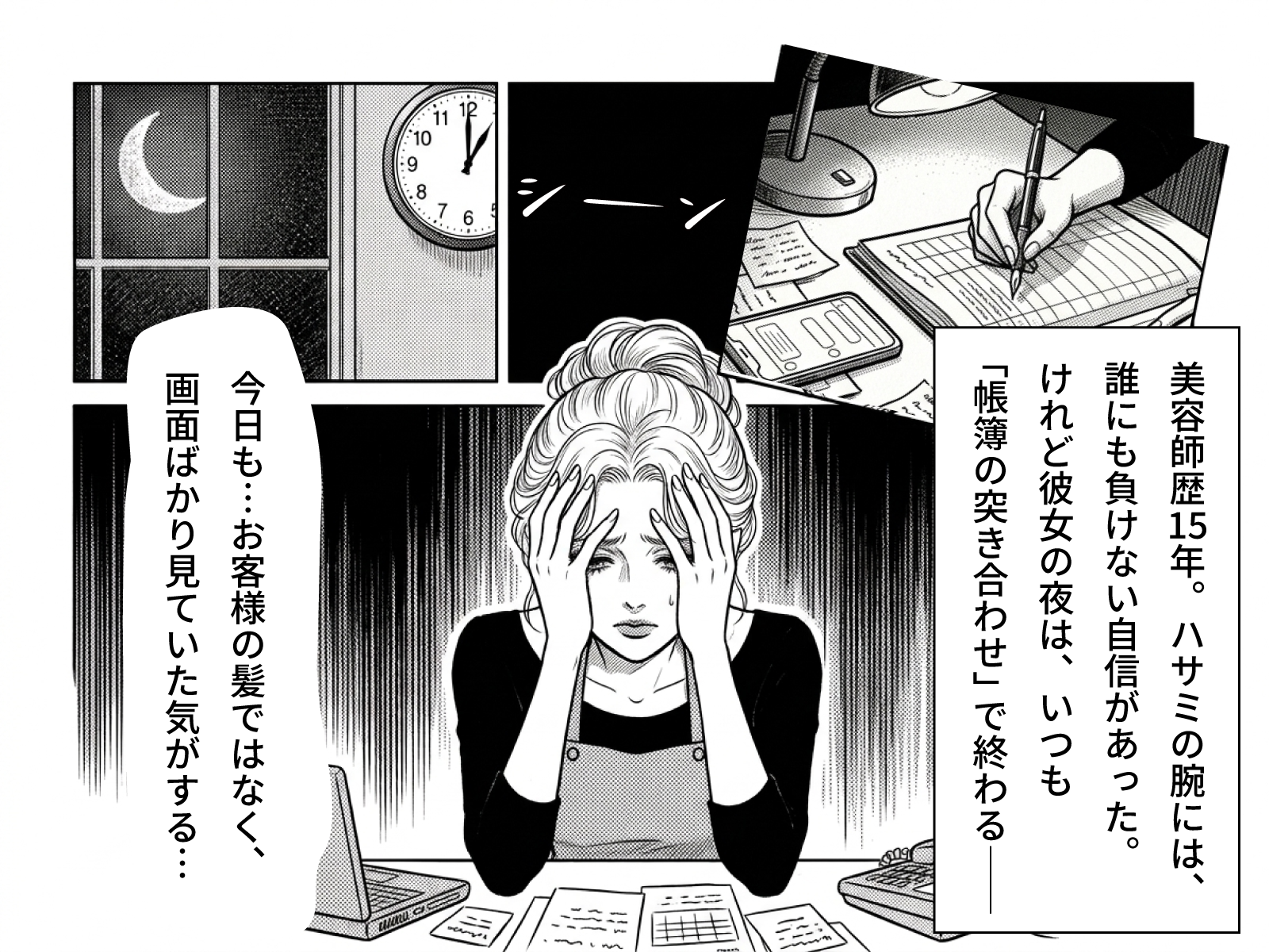 美容師歴20年。ハサミの腕には、誰にも負けない自信があった。けれど彼女の夜は、いつも帳簿の突き合わせで終わる――「今日も…お客様の髪ではなく、画面ばかり見ていた気がする…」深夜、予約の突き合わせに追われる薫