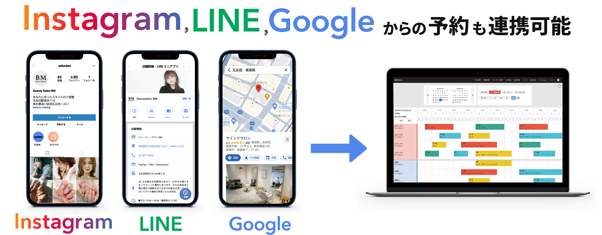 Instagram,LINE,Googleからの予約も連携可能